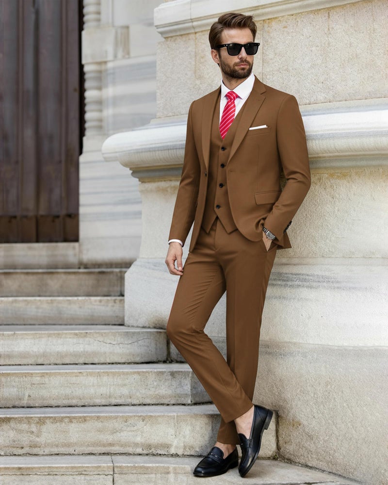 EastSide Men's Slim Fit 3 Pieces , One Button Sets Vest Pants Coat Suit, Khaki, X-Large - Image 4